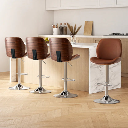 Artiss 4X Bar Stools Bentwood Adjustable Kitchen Counter Chair Leather Brown - Mekamart Australia