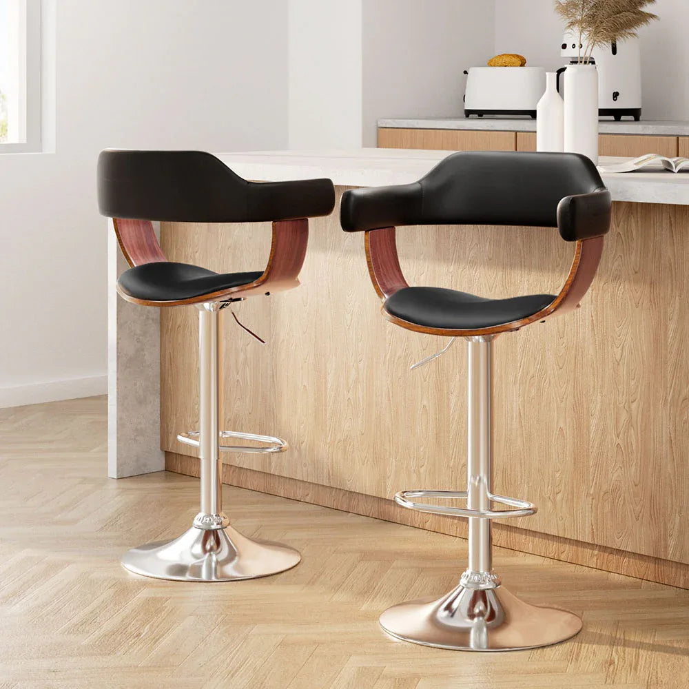 Artiss 2x Bar Stools Gas Lift Leather w/Armrest Black - Mekamart Australia