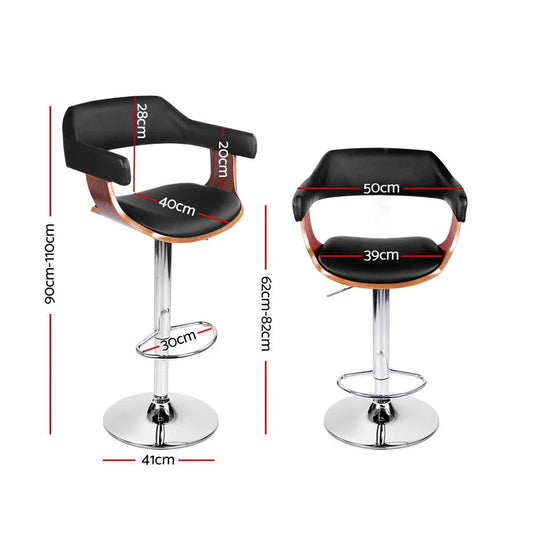 Artiss 2x Bar Stools Gas Lift Leather w/Armrest Black - Mekamart Australia