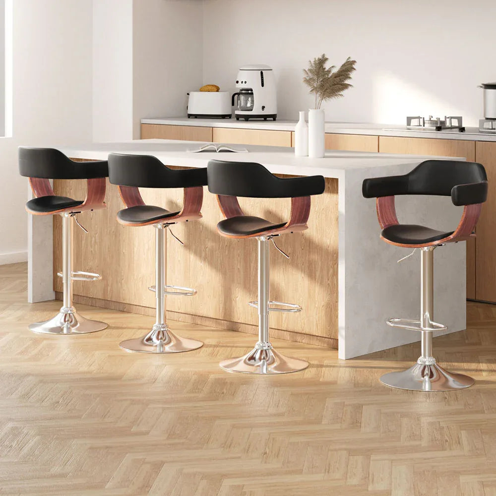 Artiss 4x Bar Stools Gas Lift Leather w/Armrest Black - Mekamart Australia