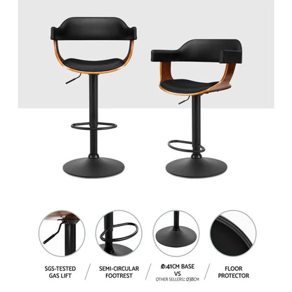 Artiss Bar Stools Gas Lift Leather w/Armrest All Black - Mekamart Australia