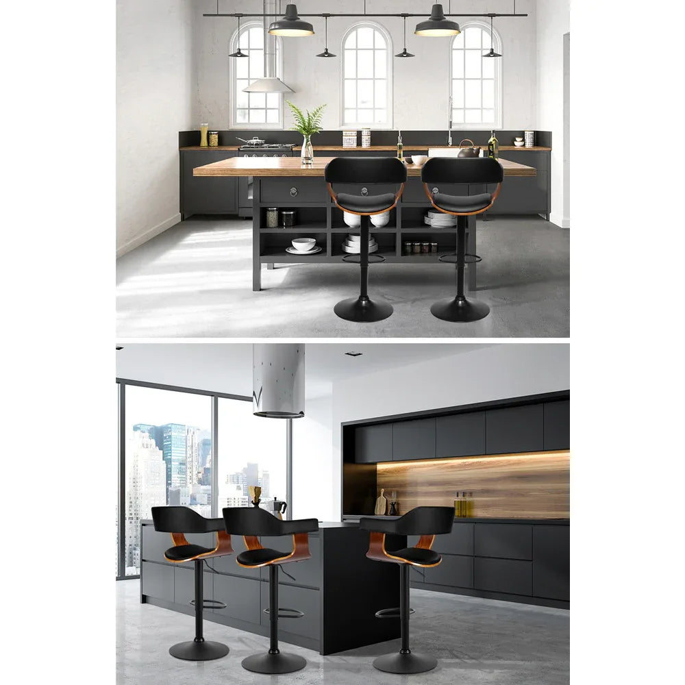 Artiss 2x Bar Stools Gas Lift Leather w/Armrest All Black - Mekamart Australia