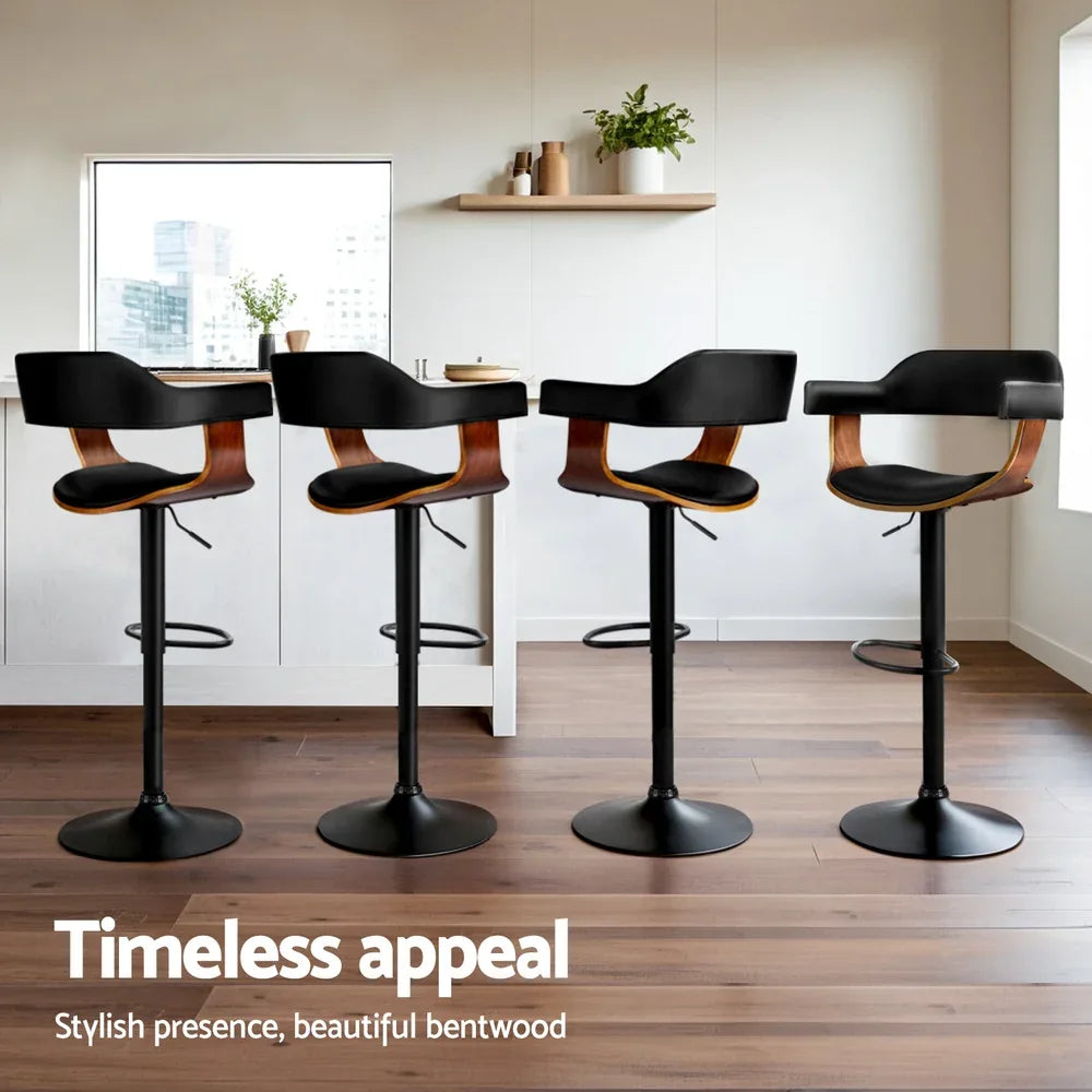 Artiss 4x Bar Stools Gas Lift Leather w/Armrest All Black - Mekamart Australia
