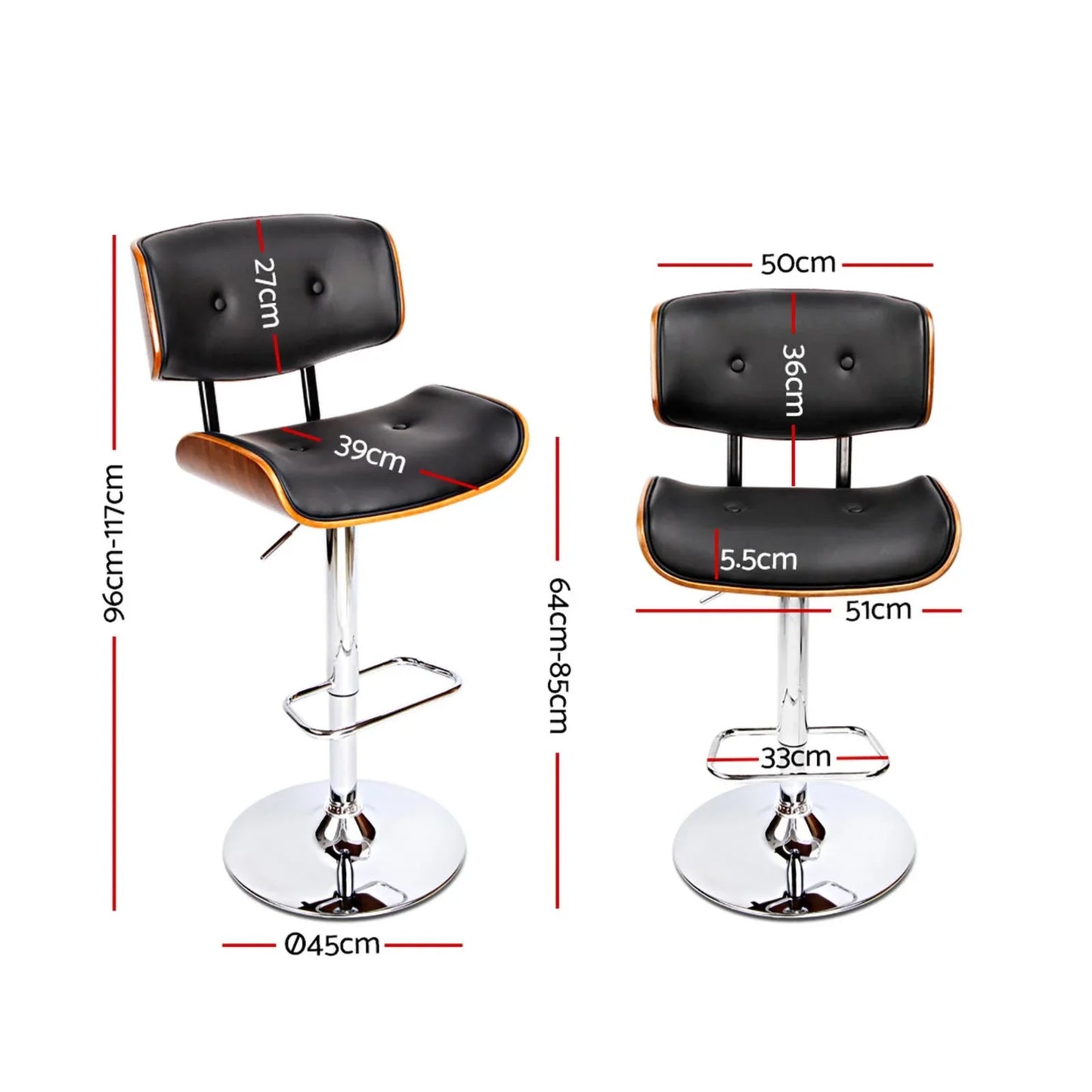 Artiss 2x Bar Stools Gas Lift Leather Black - Mekamart Australia