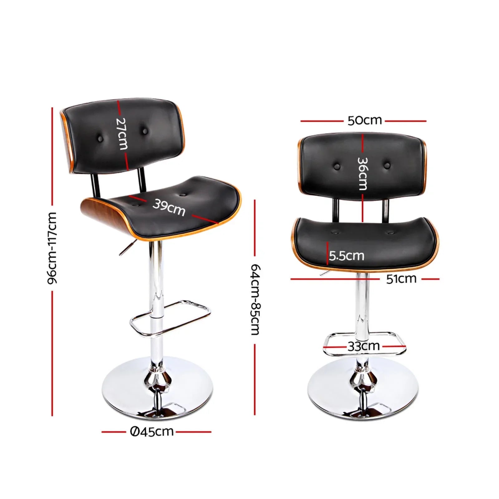 Artiss 2x Bar Stools Gas Lift Leather Black - Mekamart Australia