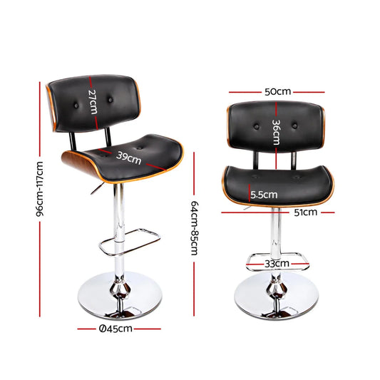 Artiss 2x Bar Stools Gas Lift Leather Black - Mekamart Australia