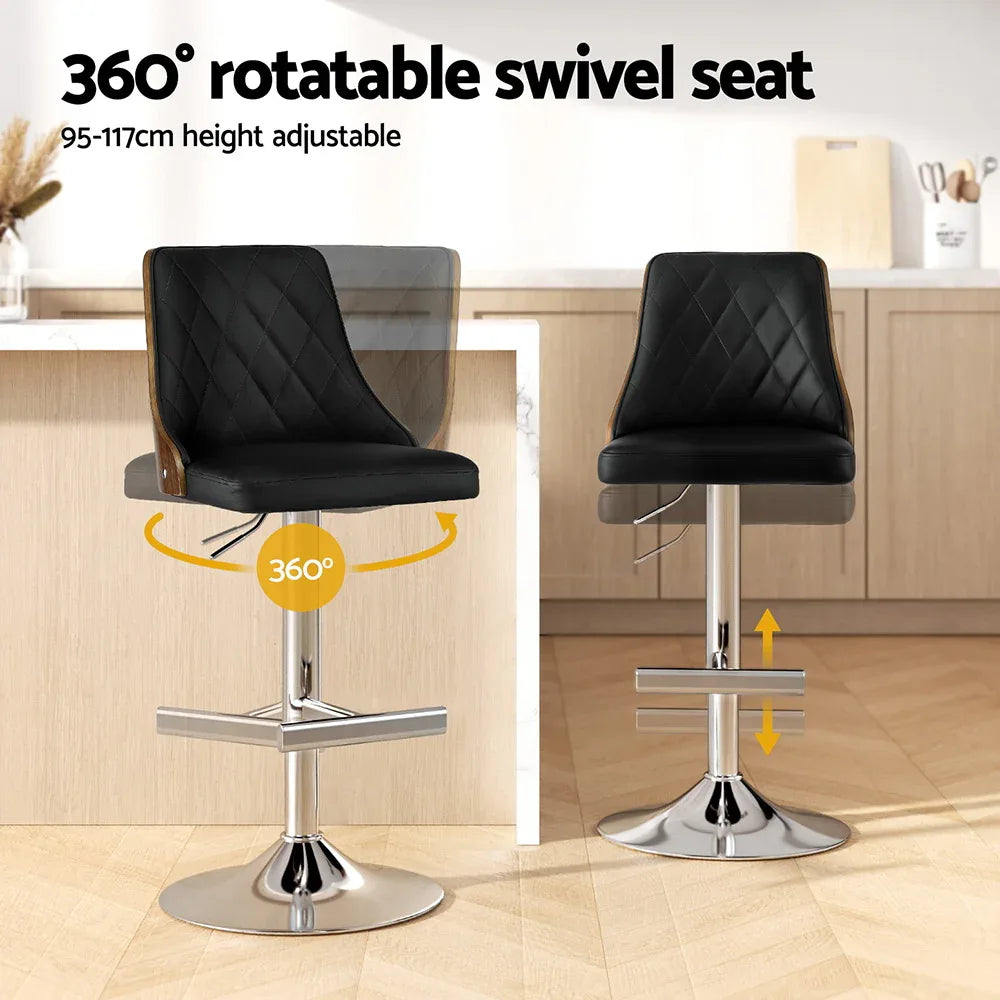 Artiss Bar Stool Bentwood Swivel Adjustable Kitchen Counter Stool Leather Black - Mekamart Australia