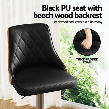 Artiss Bar Stool Bentwood Swivel Adjustable Kitchen Counter Stool Leather Black - Mekamart Australia