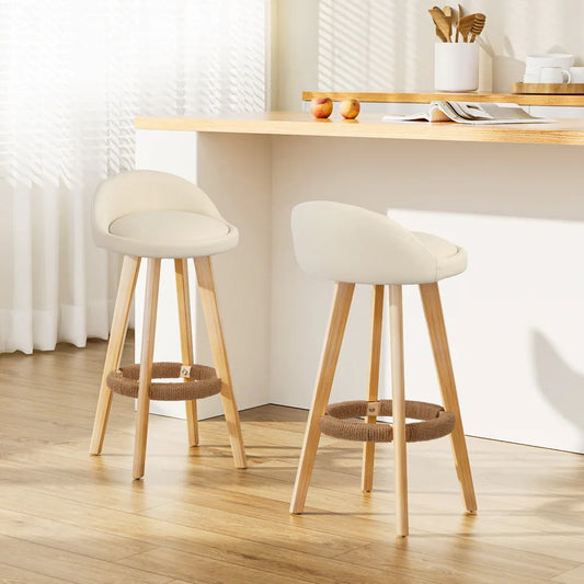 Artiss 2x Bar Stools Padded Leather Wooden Beige - Mekamart Australia