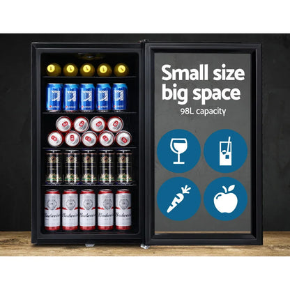 Devanti 98L Bar Fridge Glass Door Mini Fridges Freezer Black - Mekamart Australia