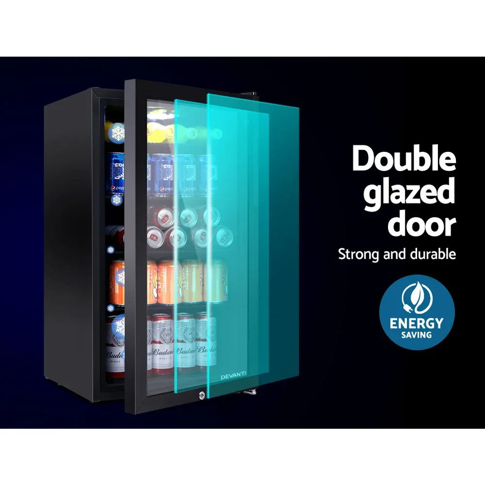 Devanti 98L Bar Fridge Glass Door Mini Fridges Freezer Black - Mekamart Australia