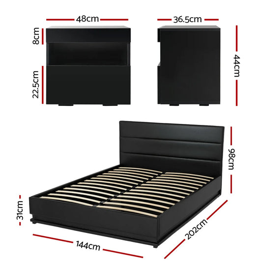 Artiss RGB LED Double Bed Frame with Beside Table Set 16 Colour Mood Lighting - Mekamart Australia