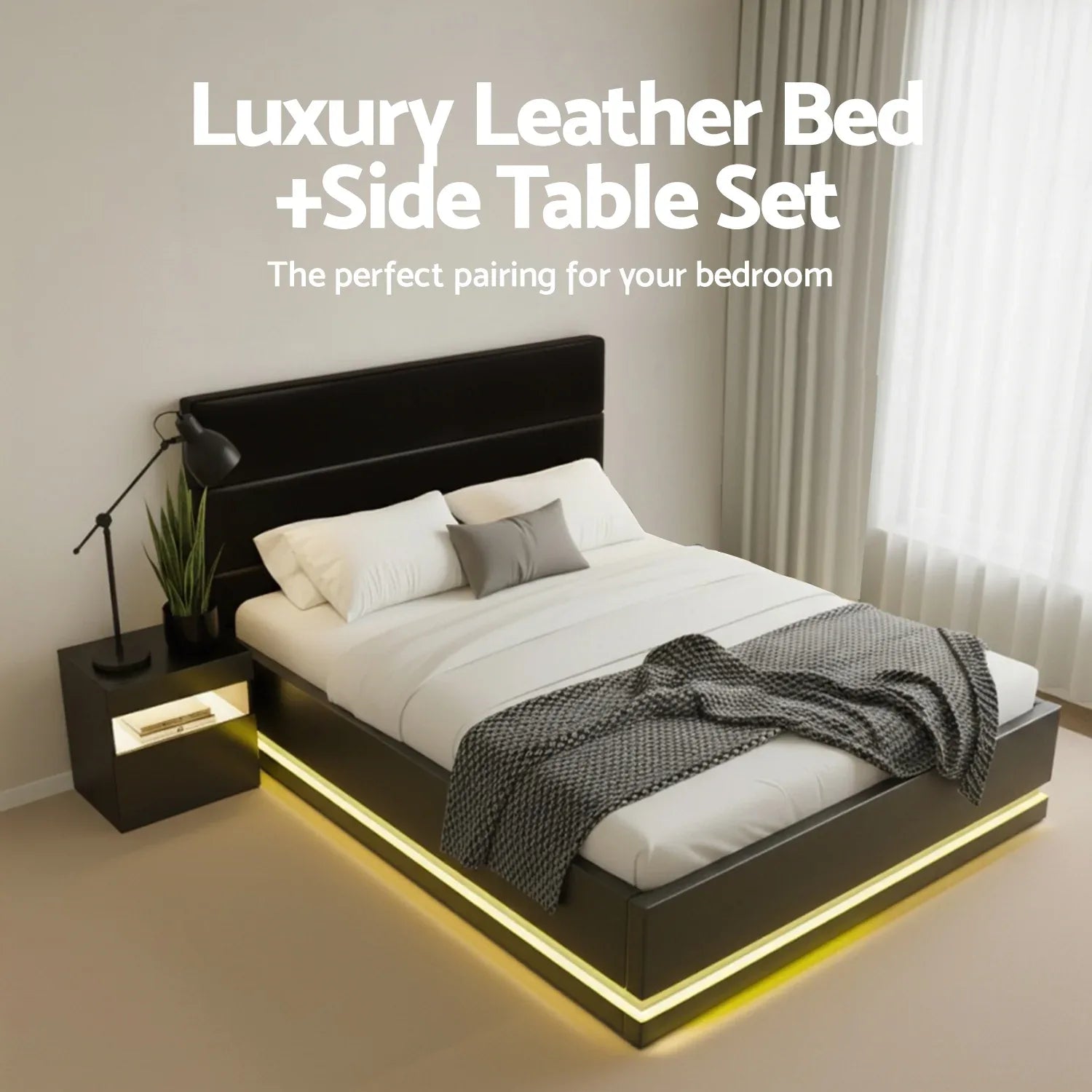 Artiss RGB LED Double Bed Frame with Beside Table Set 16 Colour Mood Lighting - Mekamart Australia