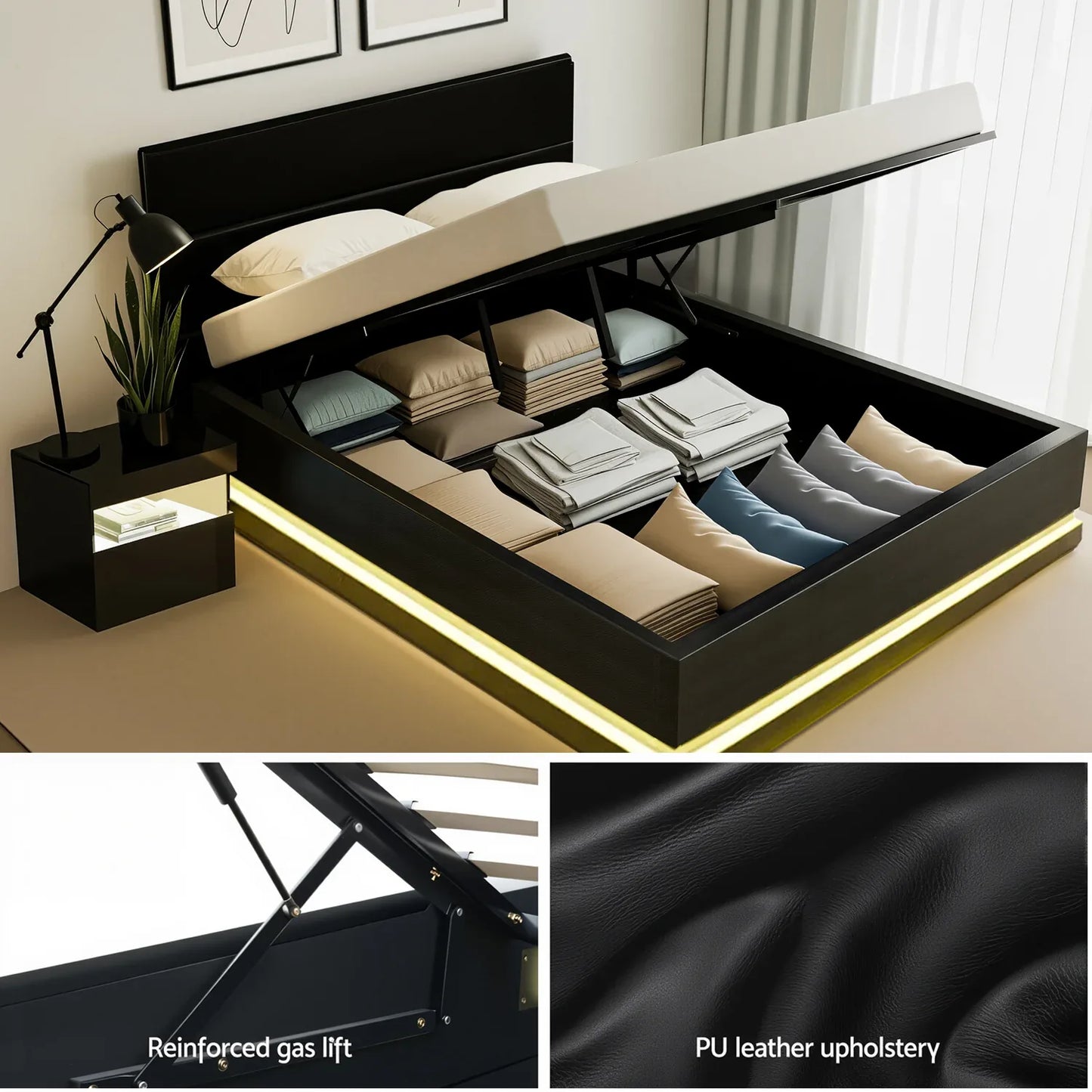 Artiss RGB LED Double Bed Frame with Beside Table Set 16 Colour Mood Lighting - Mekamart Australia