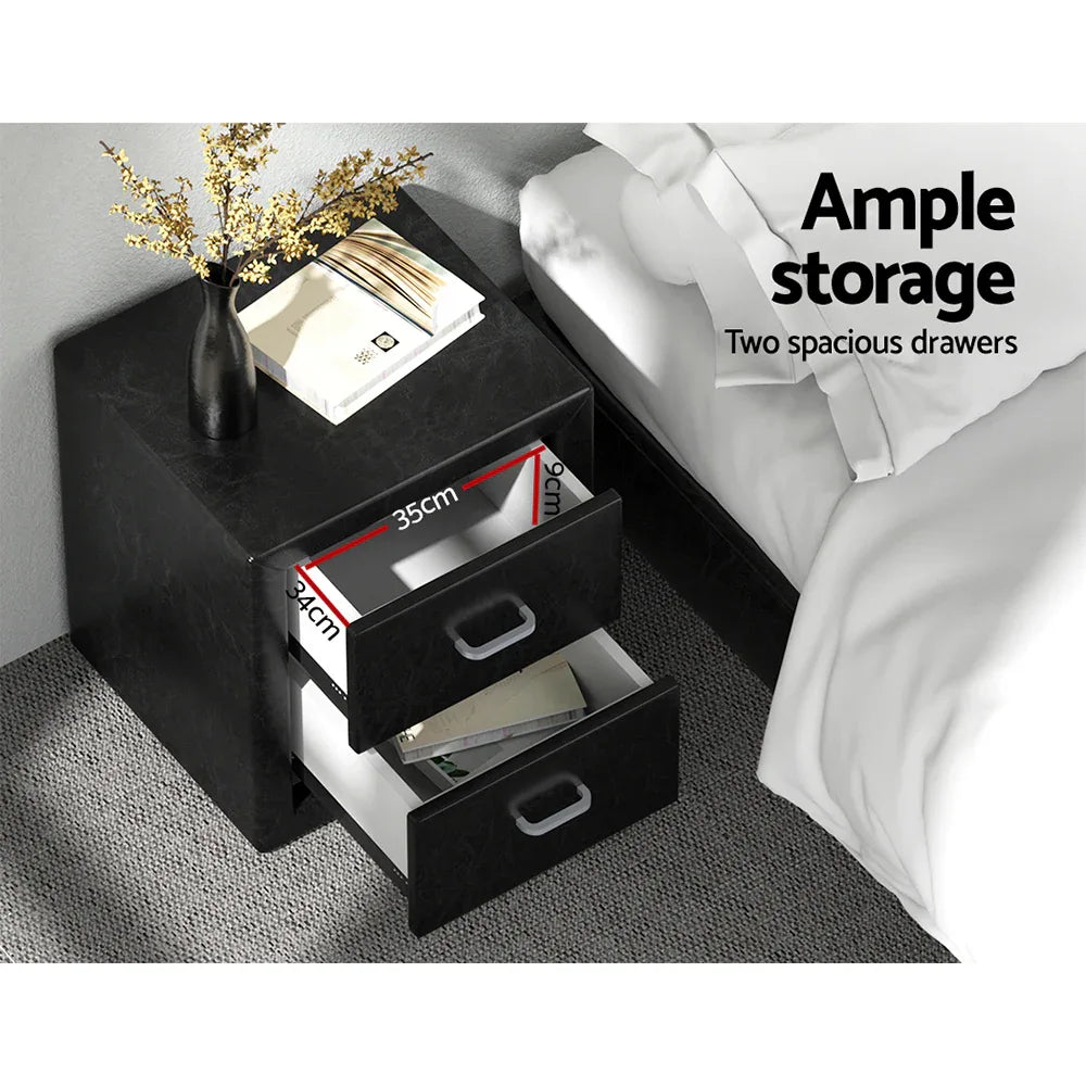 Artiss Bedside Table 2 Drawers Side Table Leather - CADEN Black - Mekamart Australia