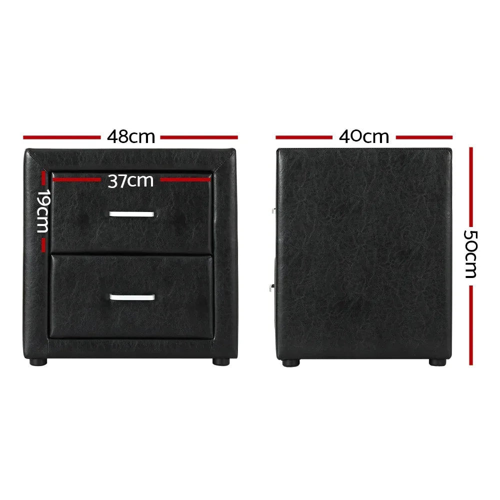 Artiss 2X Bedside Table 2 Drawers Side Table Leather - CADEN Black - Mekamart Australia