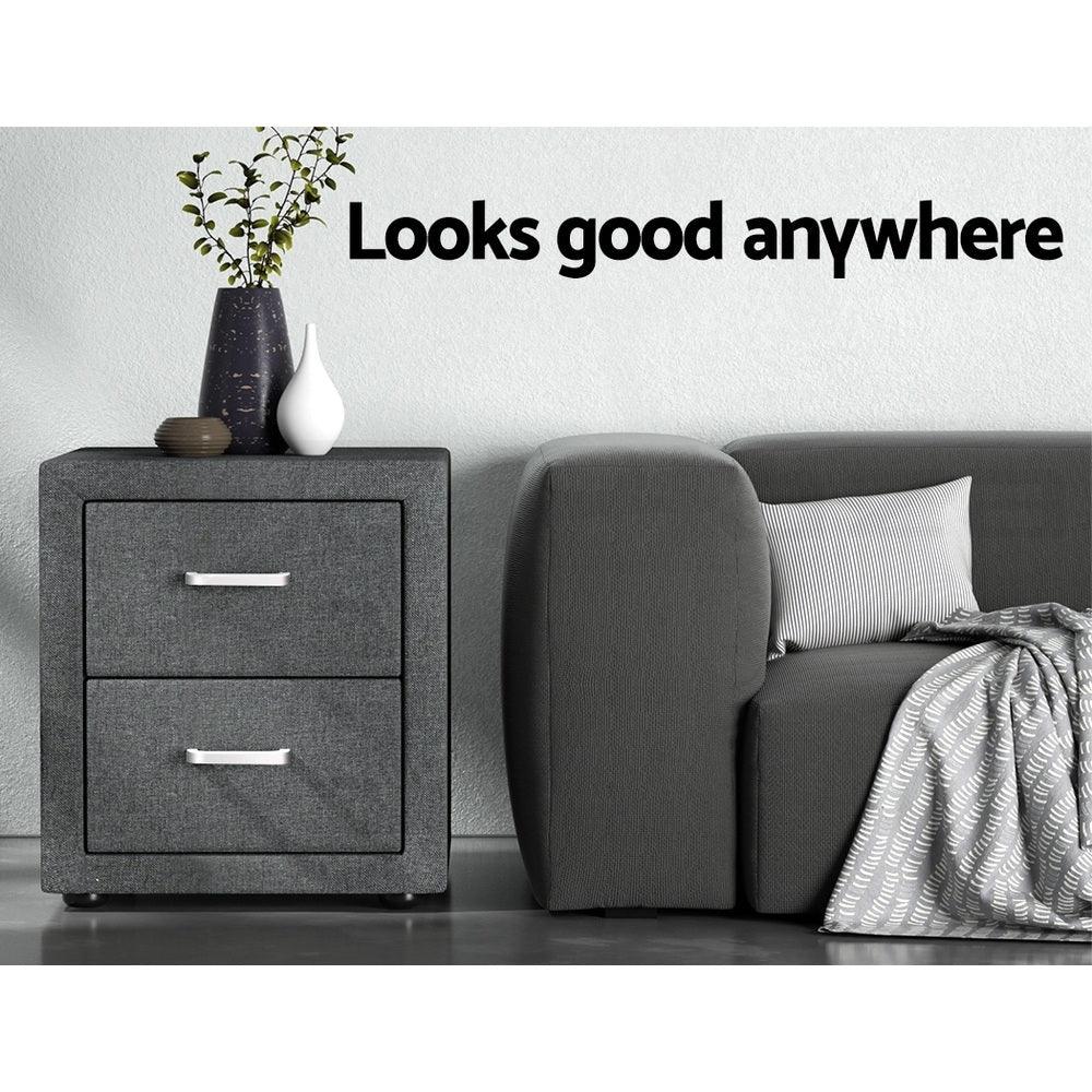 Artiss 2X Bedside Table 2 Drawers Side Table Fabric - CADEN Grey - Mekamart Australia