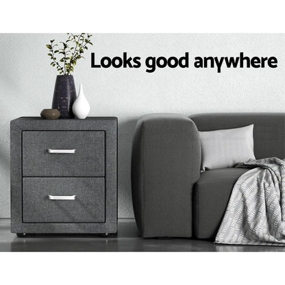 Artiss 2X Bedside Table 2 Drawers Side Table Fabric - CADEN Grey - Mekamart Australia