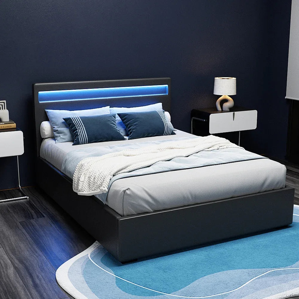 Artiss Bed Frame Double Size LED Gas Lift Black COLE - Mekamart Australia
