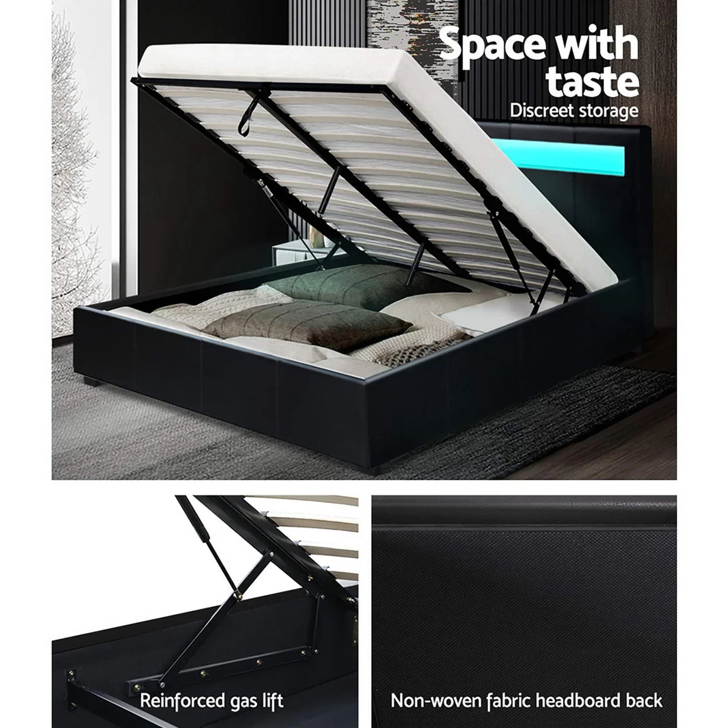 Artiss Bed Frame Double Size LED Gas Lift Black COLE - Mekamart Australia