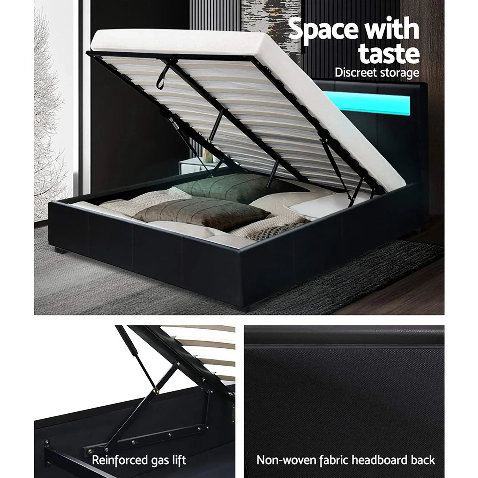 Artiss Bed Frame Double Size LED Gas Lift Black COLE - Mekamart Australia