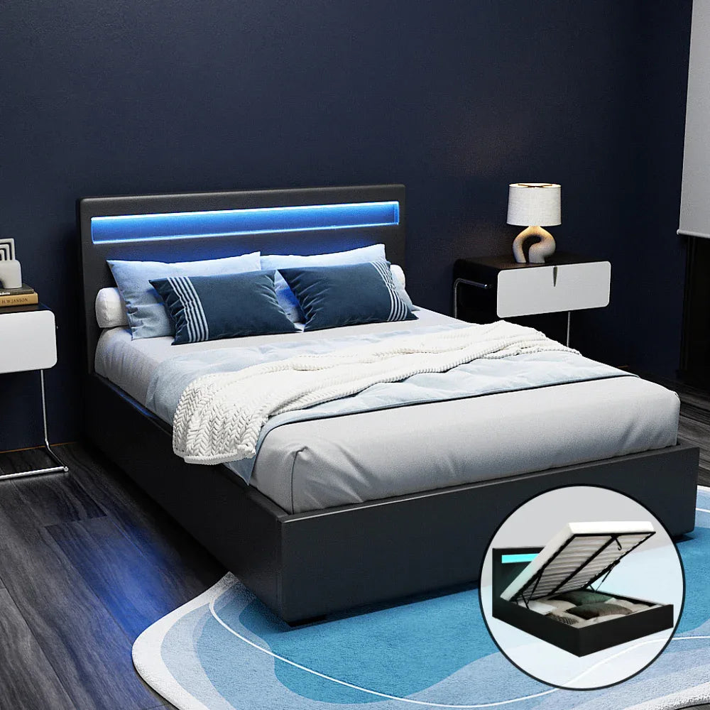 Artiss Bed Frame Double Size LED Gas Lift Black COLE - Mekamart Australia