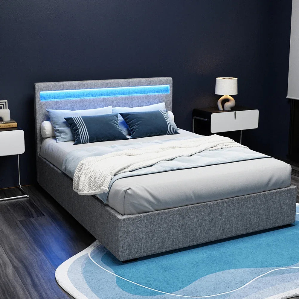 Artiss Bed Frame Double Size LED Gas Lift Grey COLE - Mekamart Australia