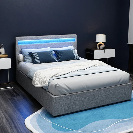 Artiss Bed Frame Double Size LED Gas Lift Grey COLE - Mekamart Australia