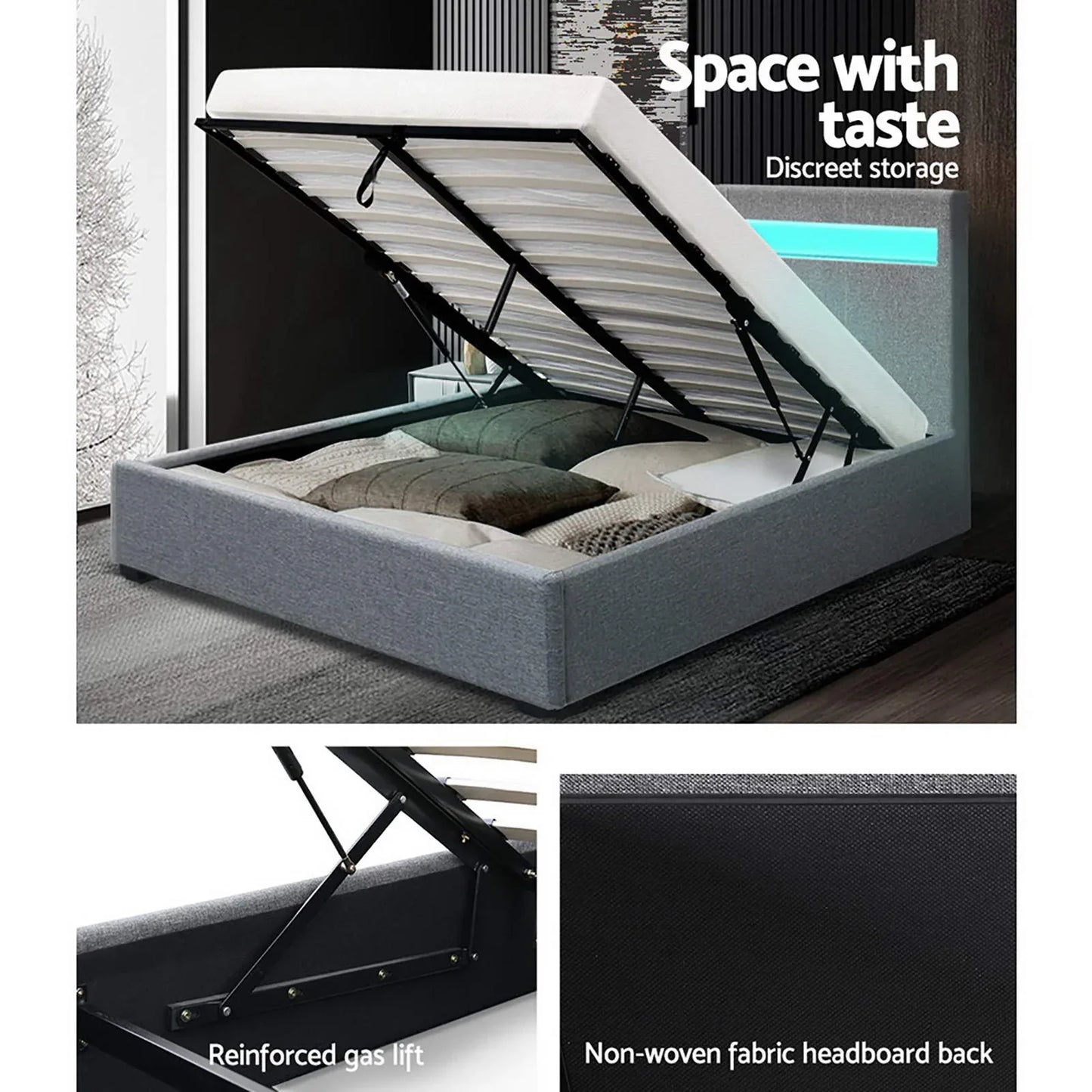 Artiss Bed Frame Double Size LED Gas Lift Grey COLE - Mekamart Australia