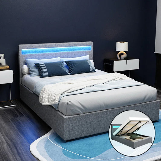 Artiss Bed Frame Double Size LED Gas Lift Grey COLE - Mekamart Australia