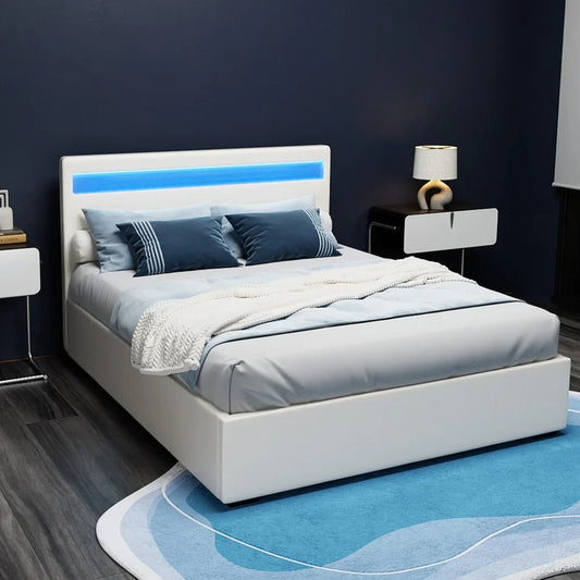 Artiss Bed Frame Double Size LED Gas Lift White COLE - Mekamart Australia
