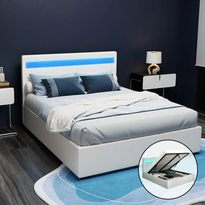 Artiss Bed Frame Double Size LED Gas Lift White COLE - Mekamart Australia