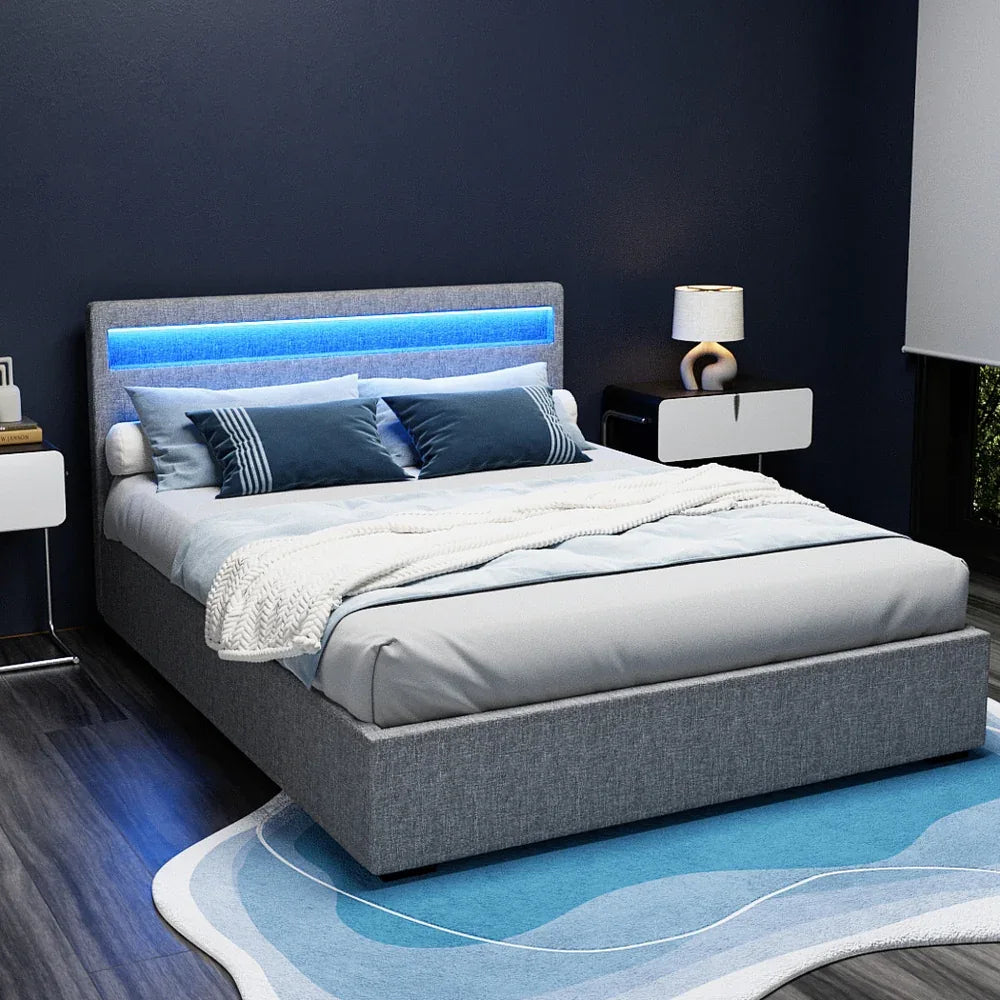 Artiss Bed Frame Queen Size LED Gas Lift Grey COLE - Mekamart Australia