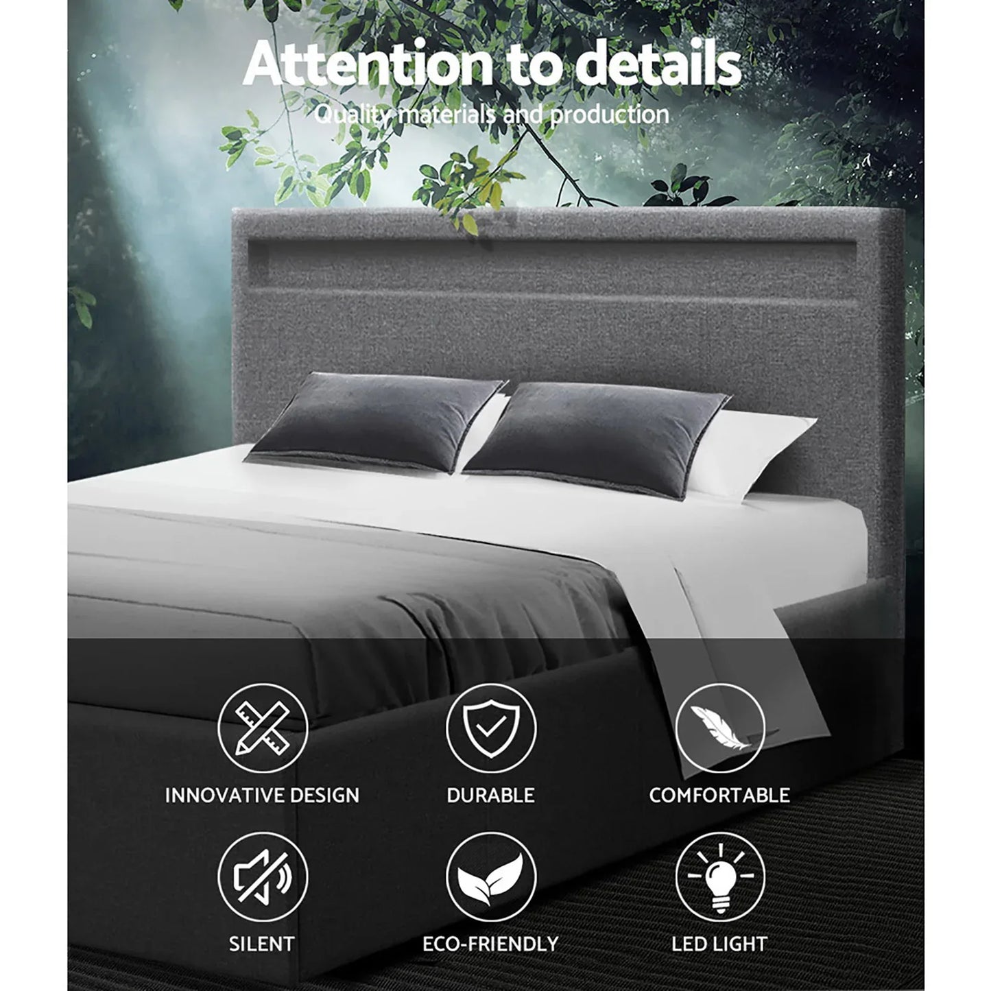 Artiss Bed Frame Queen Size LED Gas Lift Grey COLE - Mekamart Australia
