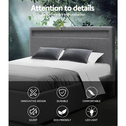Artiss Bed Frame Queen Size LED Gas Lift Grey COLE - Mekamart Australia