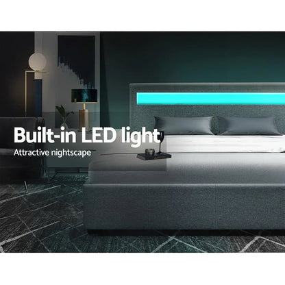 Artiss Bed Frame Queen Size LED Gas Lift Grey COLE - Mekamart Australia