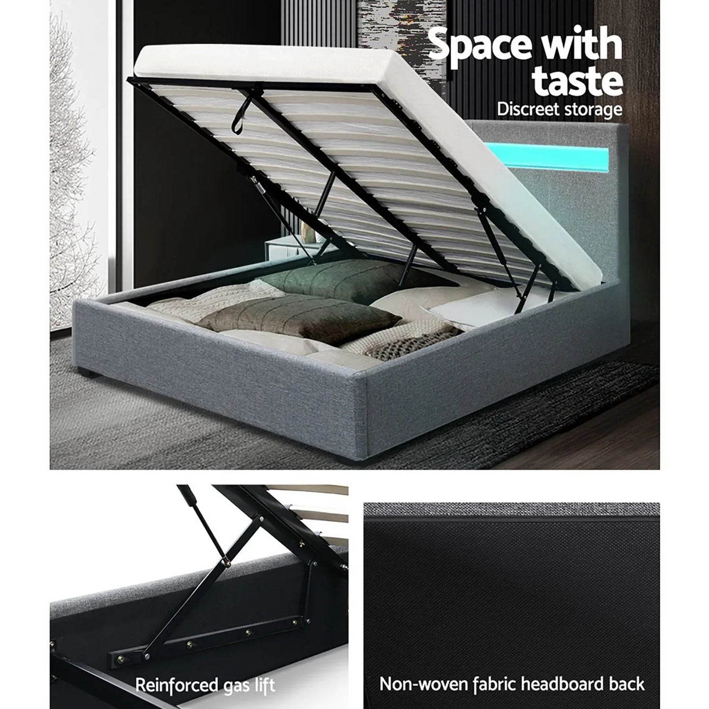 Artiss Bed Frame Queen Size LED Gas Lift Grey COLE - Mekamart Australia
