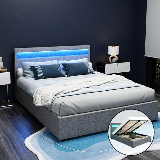Artiss Bed Frame Queen Size LED Gas Lift Grey COLE - Mekamart Australia