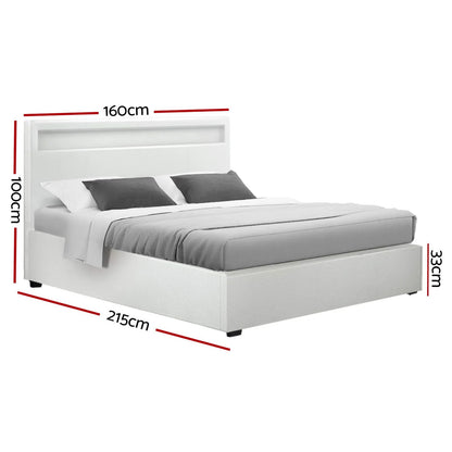 Artiss Bed Frame Queen Size LED Gas Lift White COLE - Mekamart Australia