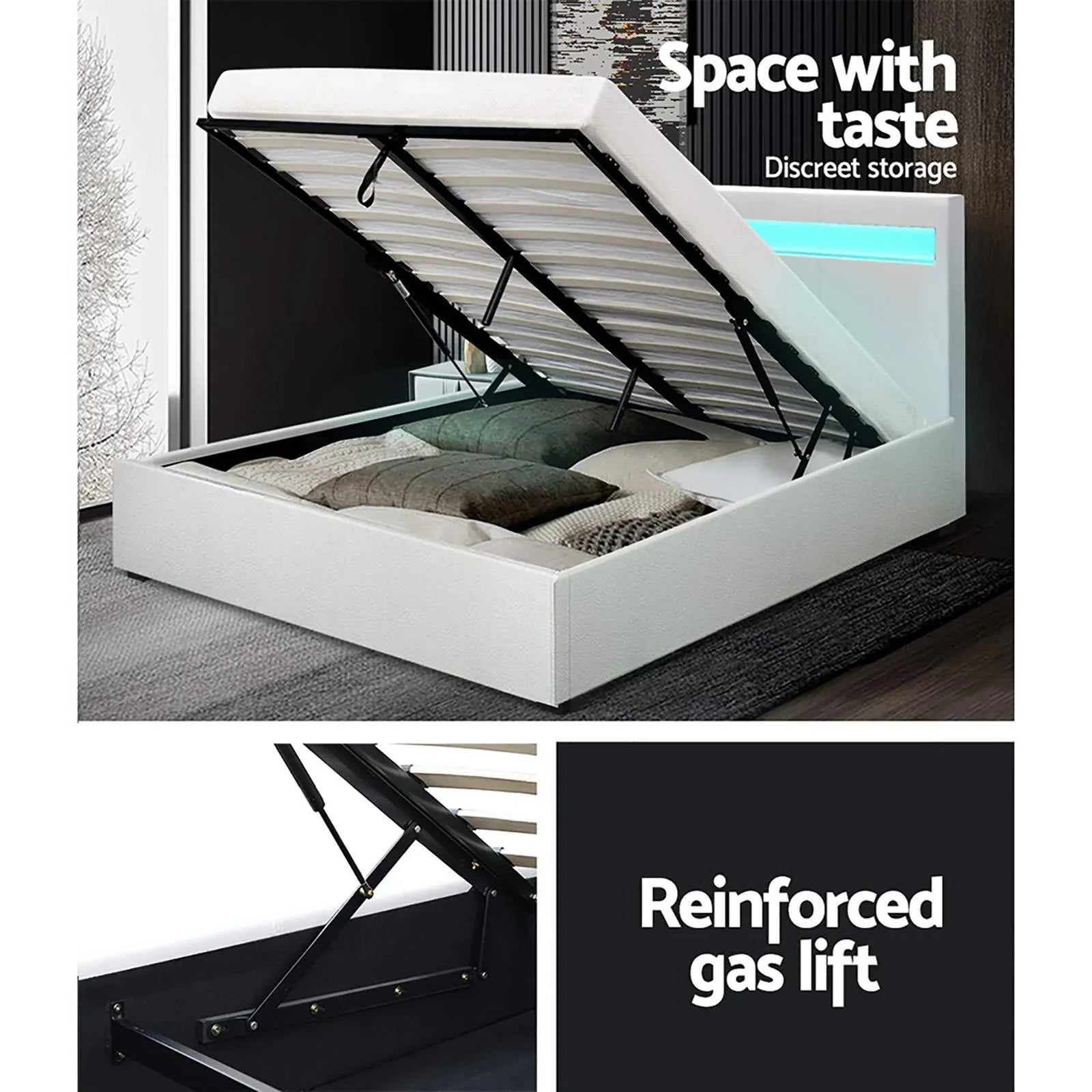 Artiss Bed Frame Queen Size LED Gas Lift White COLE - Mekamart Australia