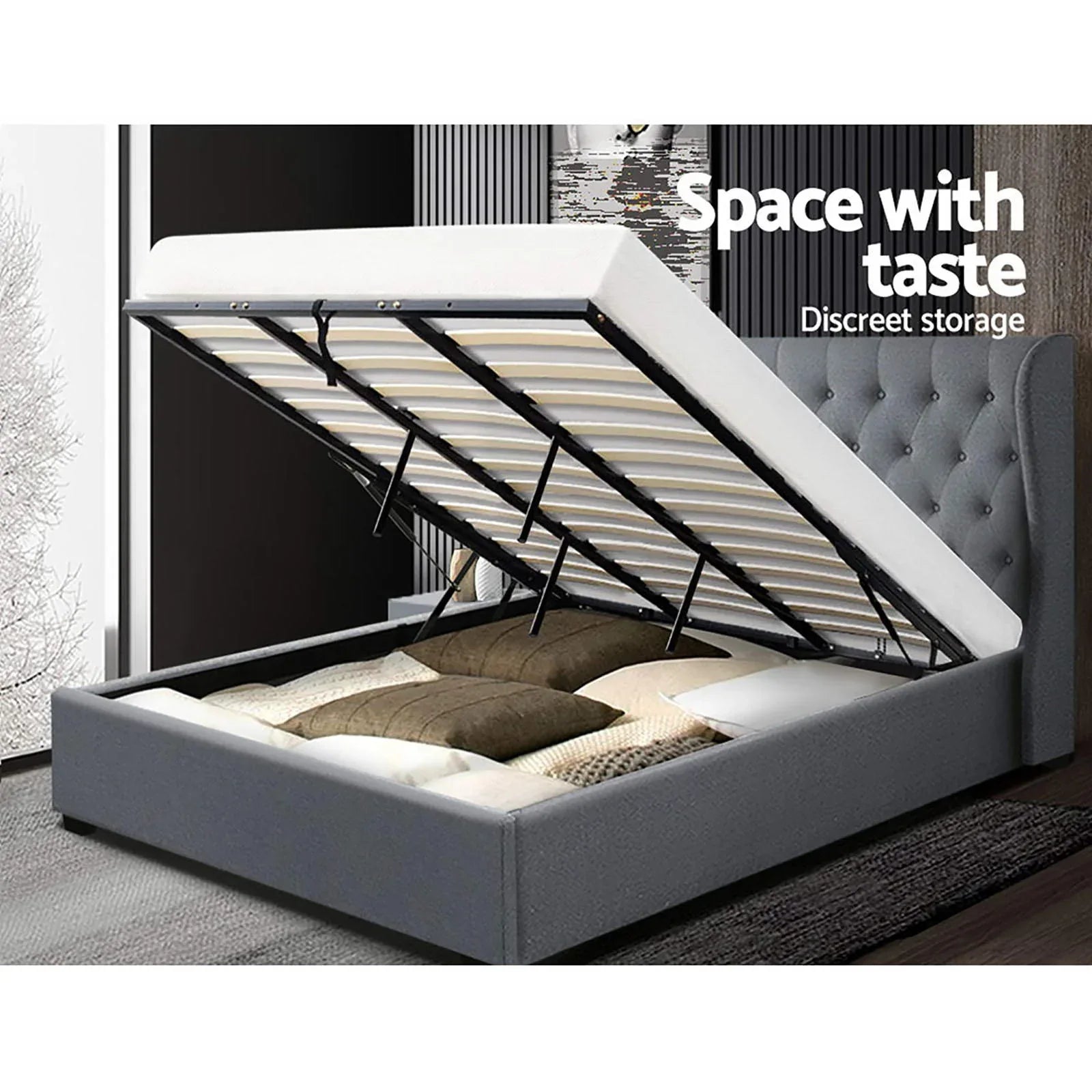 Artiss Bed Frame King Size Gas Lift Grey ISSA - Mekamart Australia