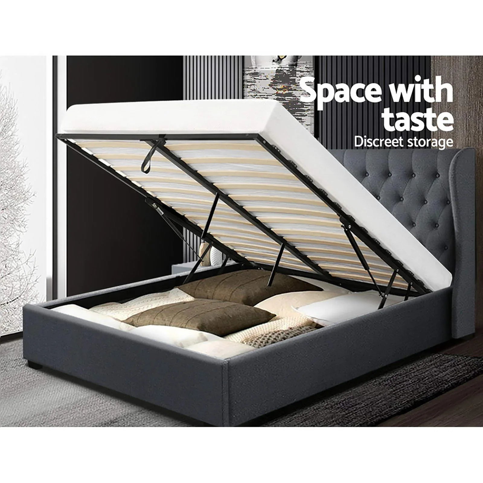 Artiss Bed Frame Queen Size Gas Lift Charcoal ISSA - Mekamart Australia