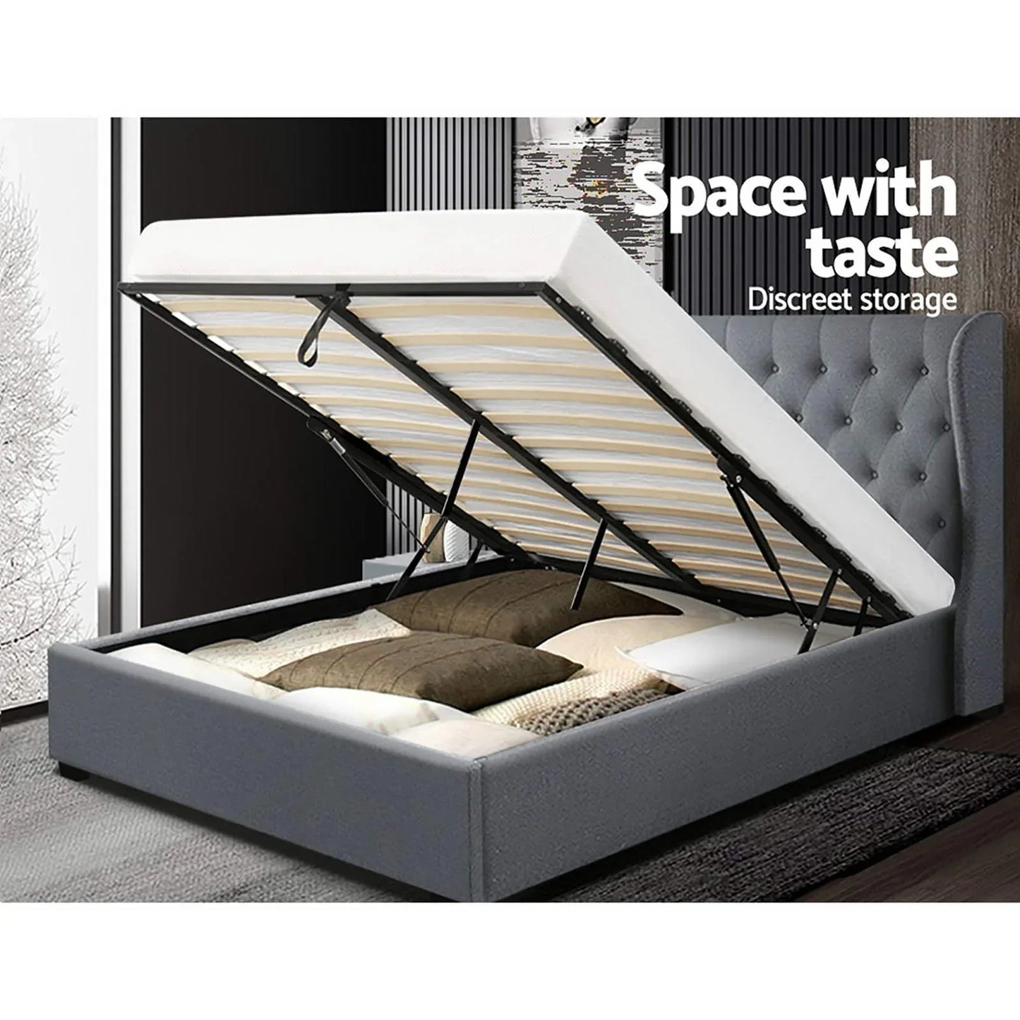 Artiss Bed Frame Queen Size Gas Lift Grey ISSA - Mekamart Australia