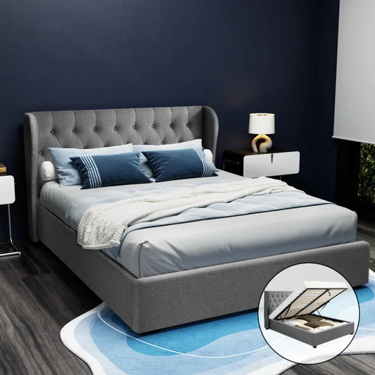 Artiss Bed Frame Queen Size Gas Lift Grey ISSA - Mekamart Australia