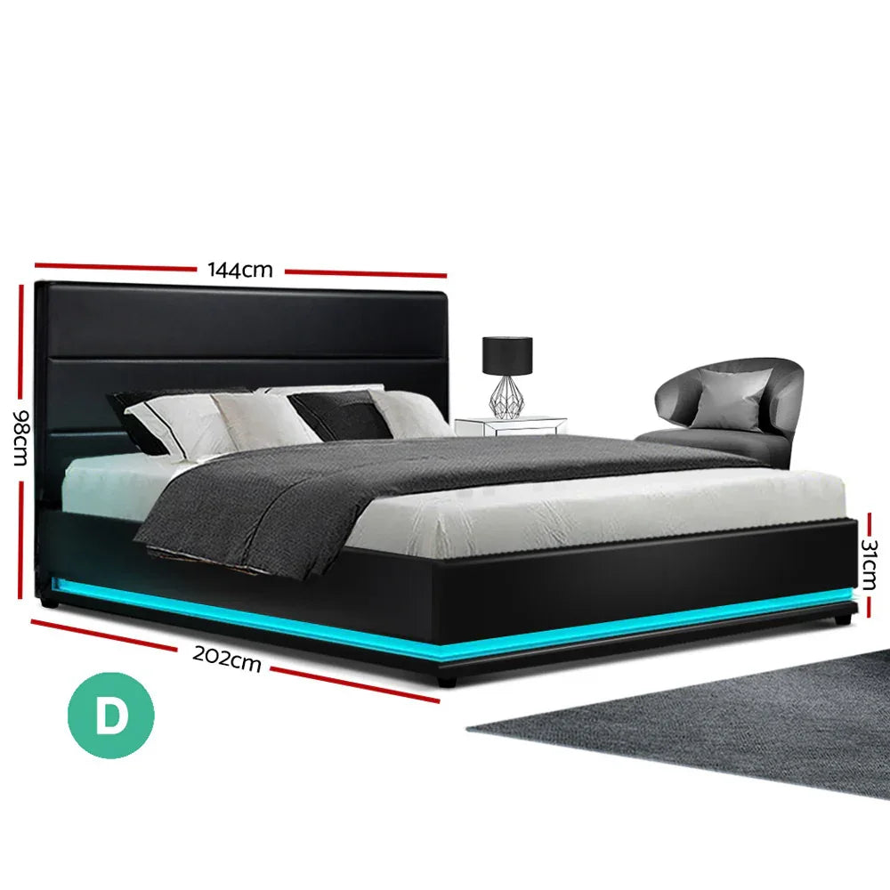 Artiss Bed Frame Double Size LED Gas Lift Black LUMI - Mekamart Australia