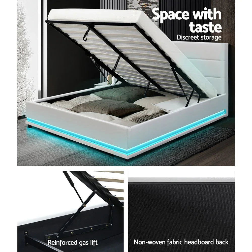 Artiss Bed Frame Double Size LED Gas Lift White LUMI - Mekamart Australia