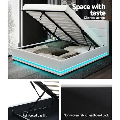 Artiss Bed Frame Double Size LED Gas Lift White LUMI - Mekamart Australia