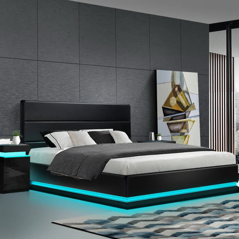 Artiss Bed Frame King Size LED Gas Lift Black LUMI - Mekamart Australia