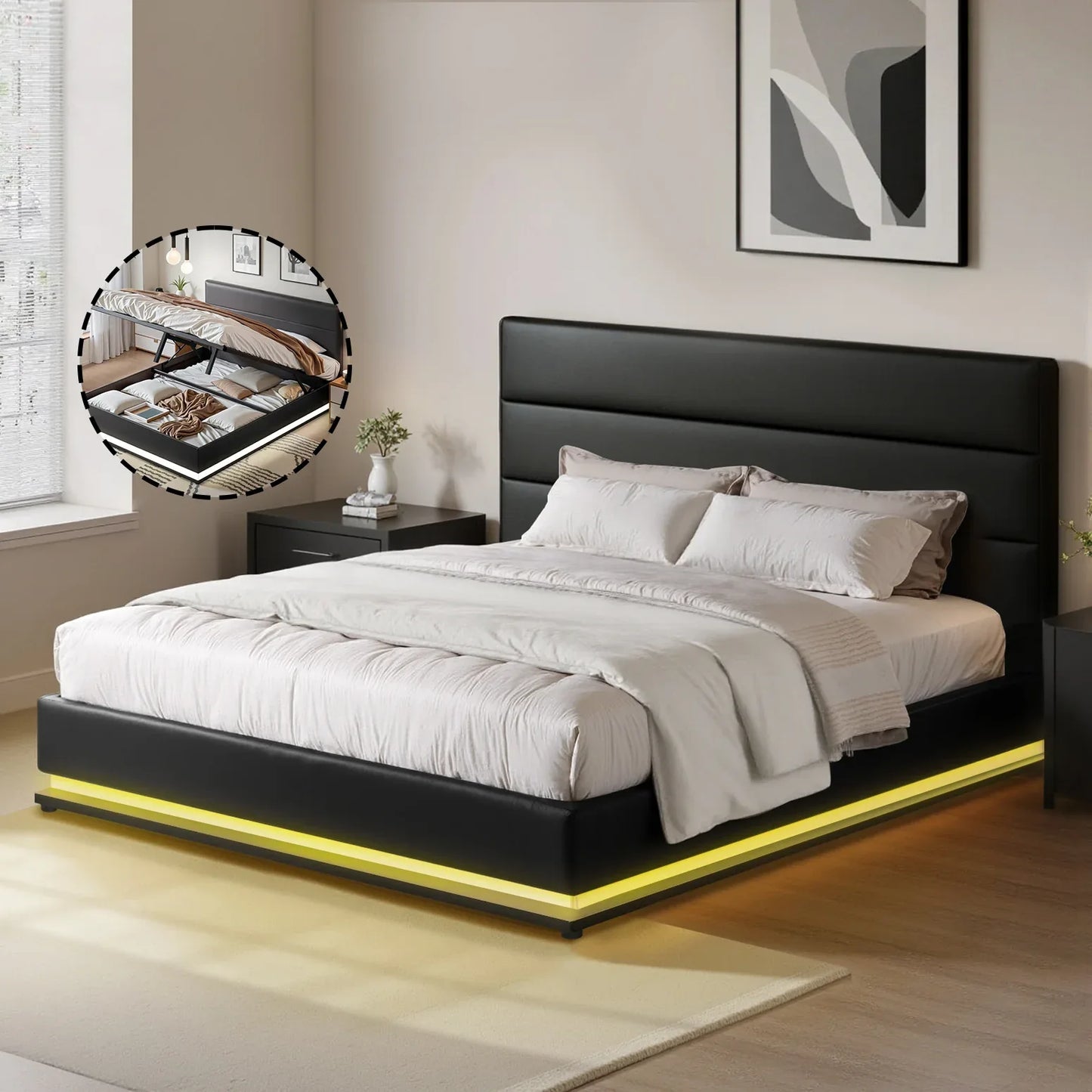 Artiss Bed Frame Queen Size LED Gas Lift Black LUMI - Mekamart Australia