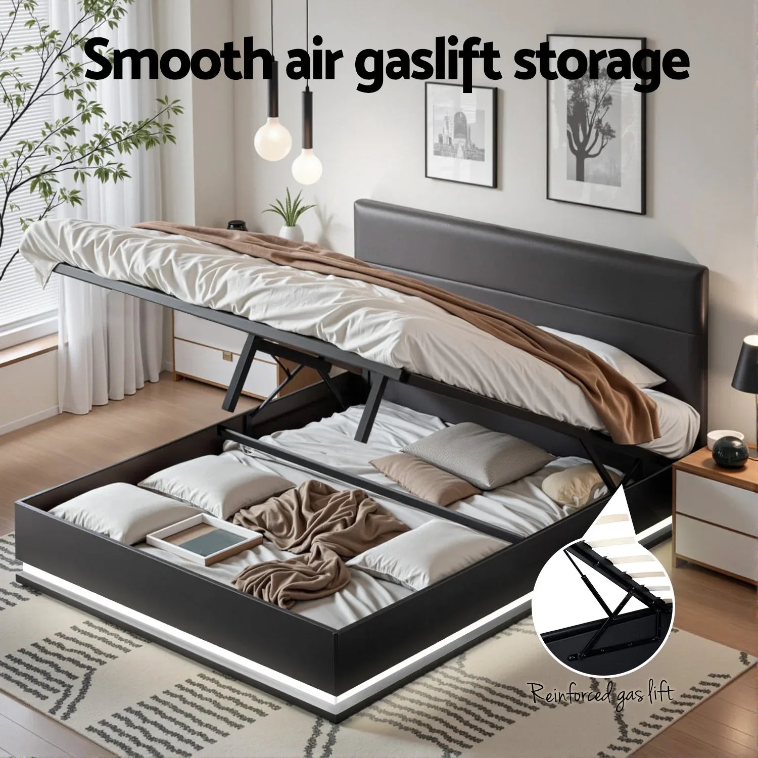 Artiss Bed Frame Queen Size LED Gas Lift Black LUMI - Mekamart Australia